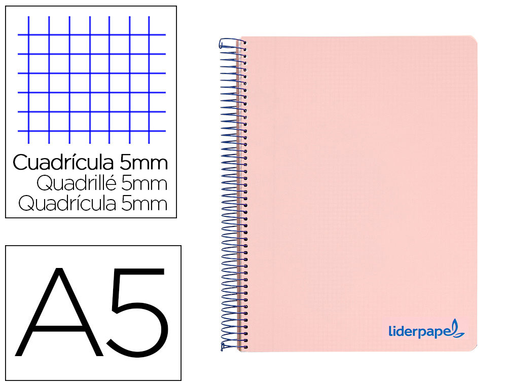 CADERNO ESPIRAL LIDERPAPEL WONDER MICRO DIN A5 CAPA PLASTICO 120 F 90 GR QUADRICULA 5MM 5 BANDAS DE CORES 6 FUROS ROSA