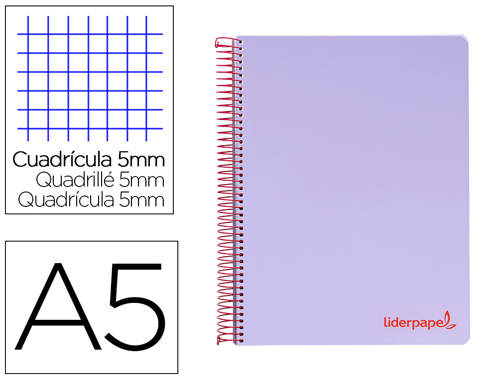 CADERNO ESPIRAL LIDERPAPEL WONDER MICRO DIN A5 CAPA PLASTICO 120 F 90 GR QUADRICULA 5MM 5 BANDAS DE CORES 6 FUROS VIOLET