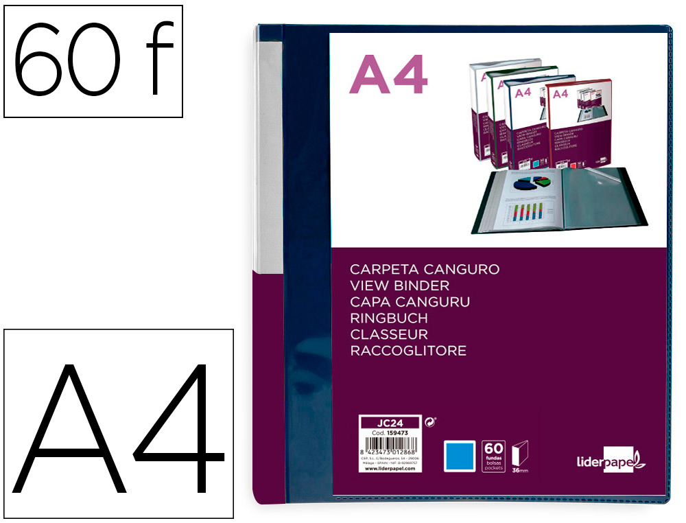 PASTA CANGURU LIDERPAPEL 60 BOLSAS POLIPROPILENO DIN A4 AZUL TRANSLUCIDO CAPA E LOMBADA PERSONALIZAVEL