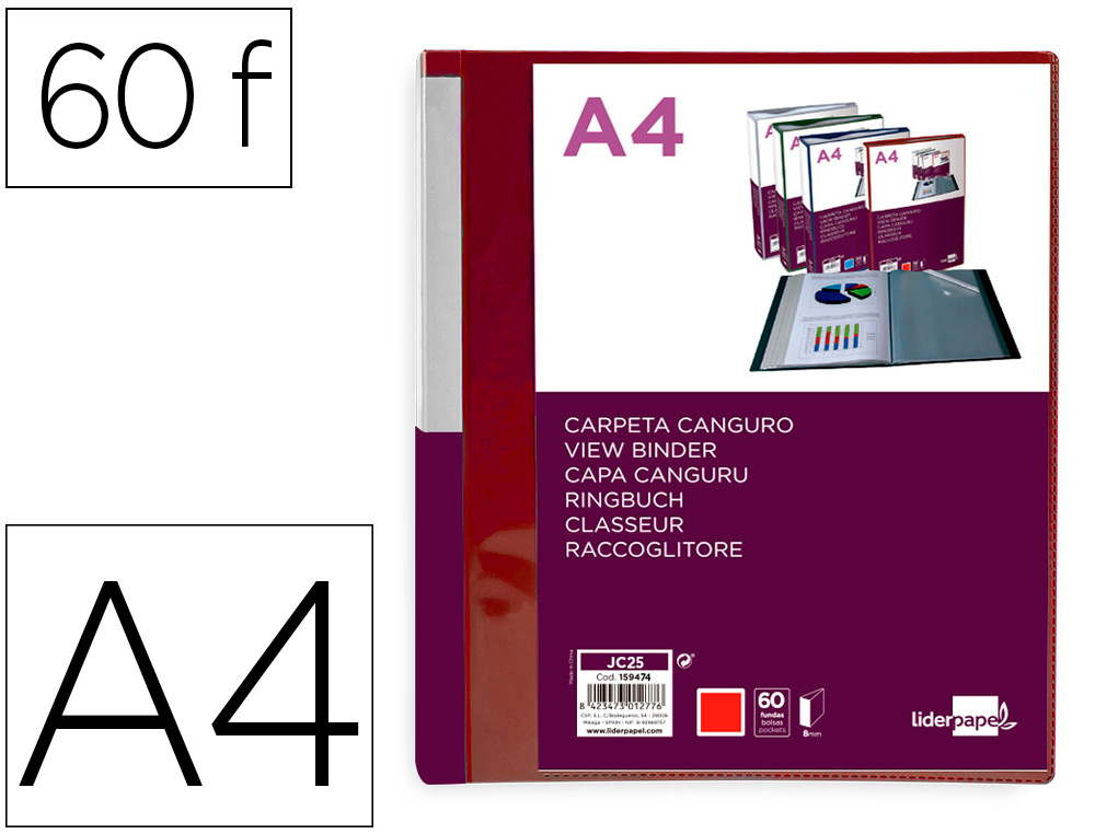 PASTA CANGURU LIDERPAPEL 60 BOLSAS POLIPROPILENO DIN A4 VERMELHO TRANSLUCIDO CAPA E LOMBADA PERSONALIZAVEL