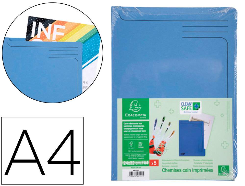 BOLSA DOSSIER EXACOMPTA CLEAN SAFE CARTOLINA 400 GR DIN A4 AZUL PACK DE 5 UNIDADES