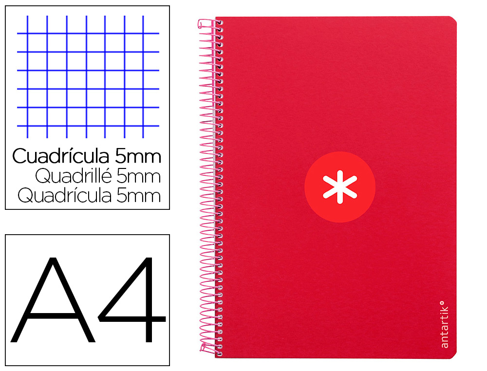 CADERNO ESPIRAL LIDERPAPEL DIN A4 ANTARTIK CAPA DURA 80 F 100 GR QUADRICULA 5MM COM MARGEM COR FRAMBOESA