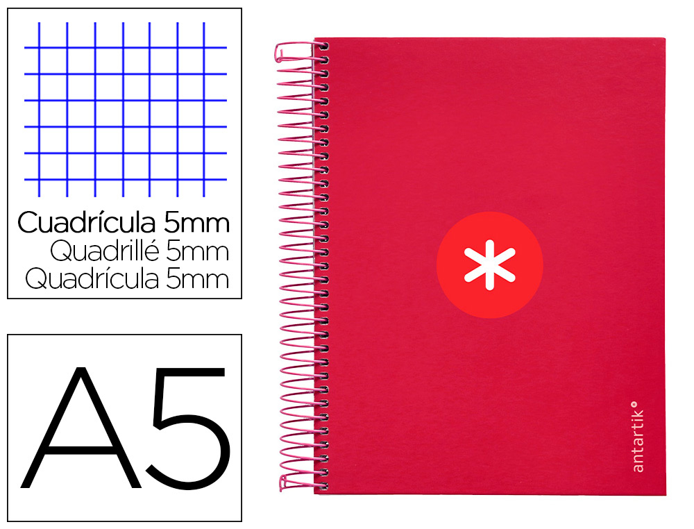 CADERNO ESPIRAL DIN A5 ANTARTIK CAPA FORRADA 120 F 100 GR QUADRICULA 5 MM 5 BANDAS COR FRAMBOESA
