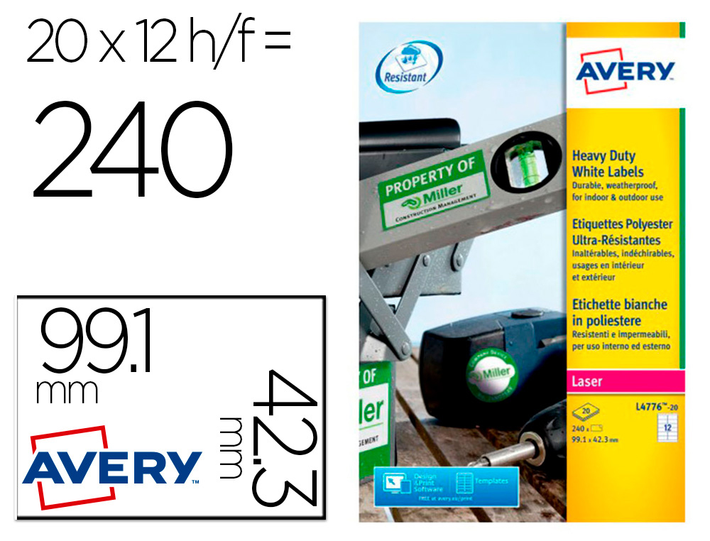 ETIQUETA ADESIVA AVERY POLIESTER BRANCO PARA IMPRESSORA LASER 99,1X42,3 MM CAIXA DE 240 UNIDADES