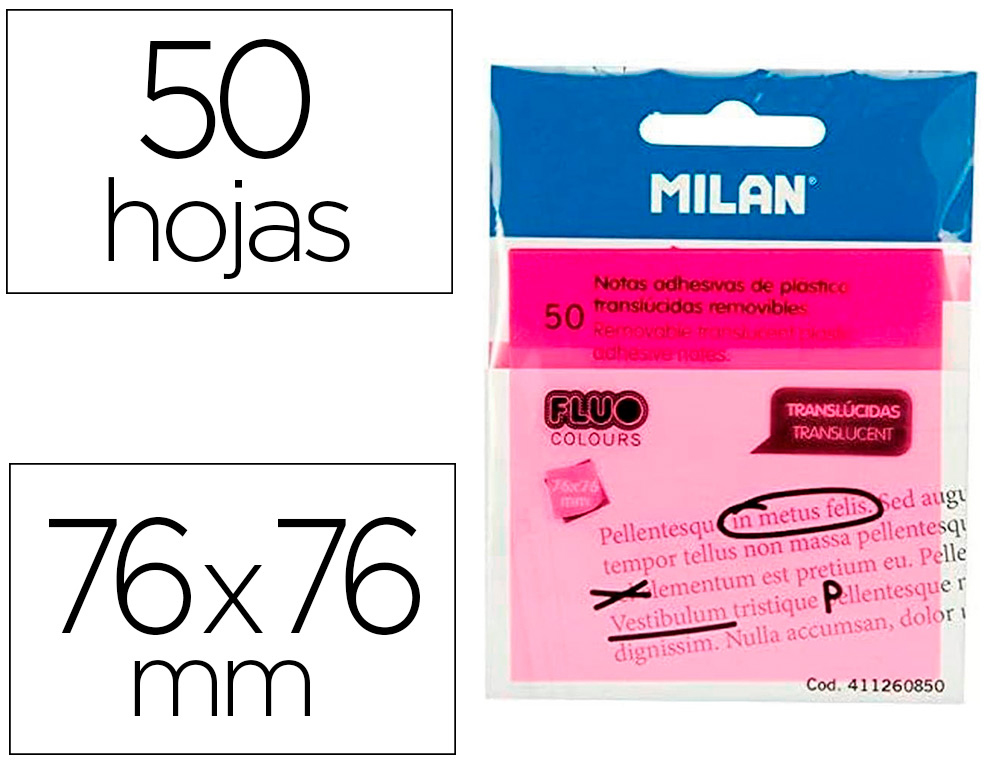 BLOCO DE NOTAS ADESIVAS MILAN 76X76 MM REMOVIVEL PLASTICO TRANSLUCIDO ROSA FLUOR 50 FOLHAS