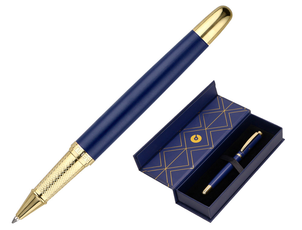 ESFEROGRAFICA BELIUS SOIREE ALUMINIO DESENHO ART DECO AZUL MARINHO E DOURADO TINTA AZUL CAIXA DESIGN