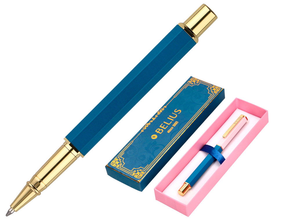 ESFEROGRAFICA BELIUS MACARON BLISS ALUMINIO DESENHO HEXAGONAL ROSA AZUL E DOURADO TINTA AZUL CAIXA DESIGN