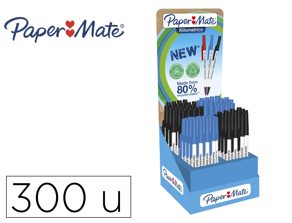 ESFEROGRAFICA PAPER MATE KILOMETRICA PONTA 1 MM PLASTICO RECICLADO 80% EXPOSITOR DE 300 UNIDADES COR AZUL / PRETO