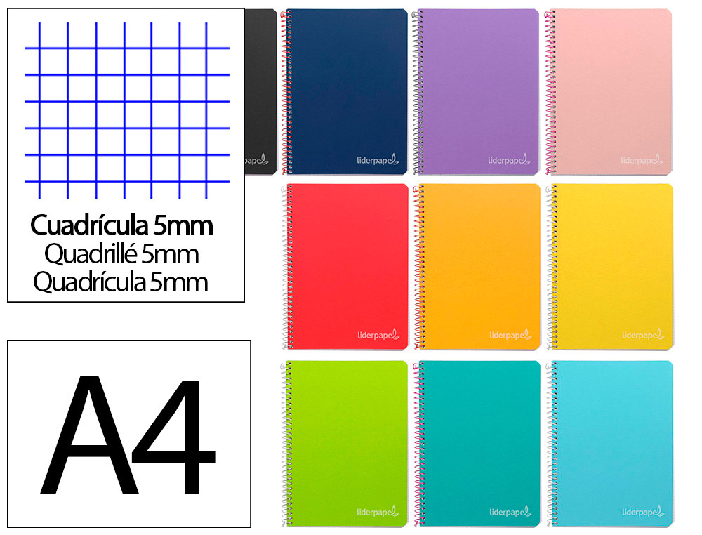 CADERNO ESPIRAL LIDERPAPEL WITTY DIN A4 CAPA DURA 80F 90GR QUADRICULA 5MM COM MARGEM CORES SORTIDAS