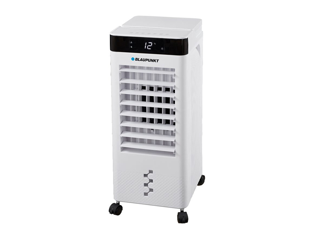 CLIMATIZADOR EVAPORATIVO BLAUPUNKT 65W DEPOSITO 8L 3 VELOCIDADES ATE 20 M2 COM RODAS E COMANDO BRANCO