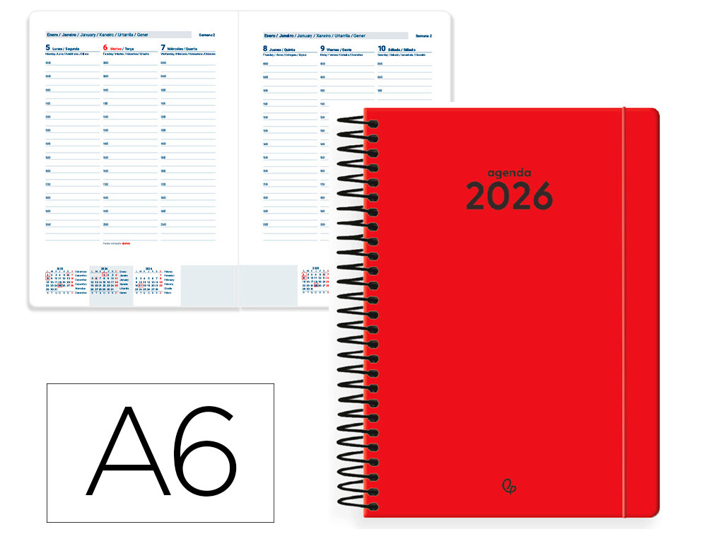 AGENDA ESPIRAL LIDERPAPEL CLASSIC A6 2026 SEMANA VISTA VERMELHO PAPEL 70 GR FSC