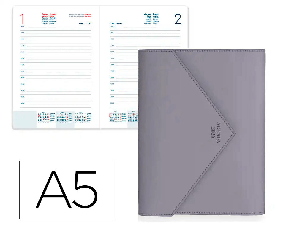 AGENDA ENCADERNADA LIDERPAPEL PSARA A5 2026 DIA PAGINA CINZA PAPEL 70 GR FSC
