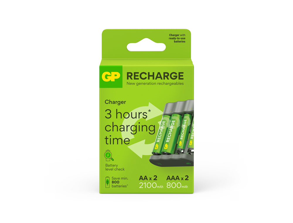 CARREGADOR DE PILHAS RECARREGAVEIS GP USB AA /AAA + 2X AA 2100 MAH + 2X AAA 800 MAH