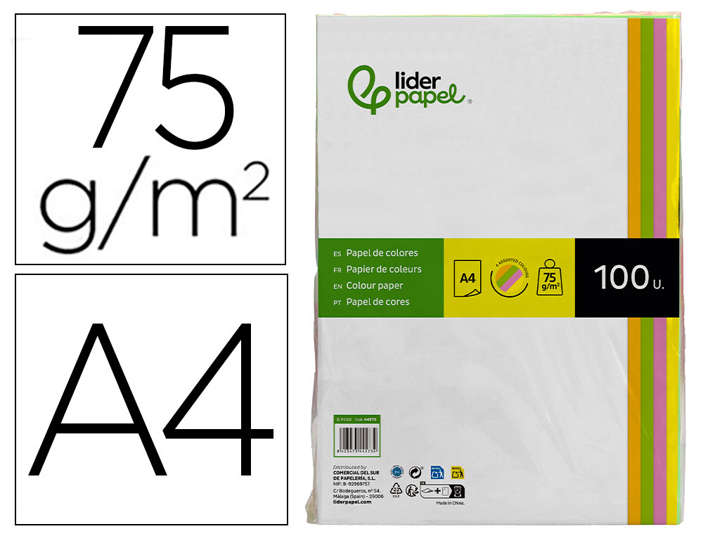 PAPEL DE COR LIDERPAPEL DIN A4 75 GR QUATRO CORES NEON SORTIDAS EMBALAGEM DE 500 FOLHAS