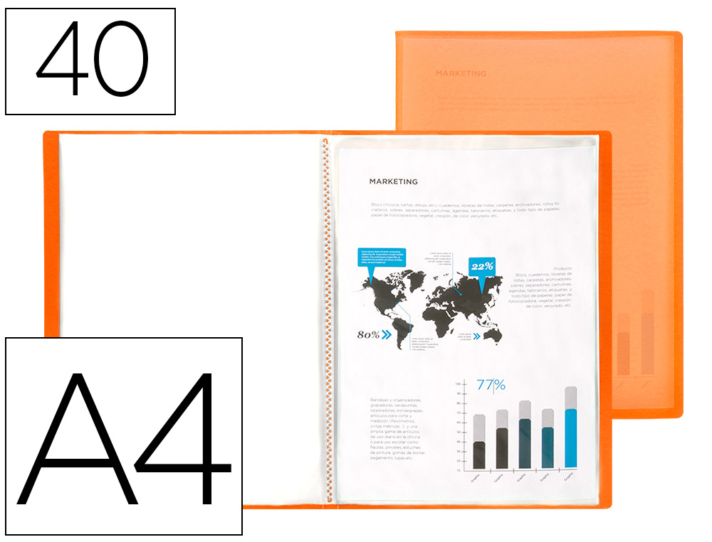 CAPA CATALOGO LIDERPAPEL 40 BOLSAS POLIPROPILENO DIN A4 TRASLUCIDA LARANJA FROSTY