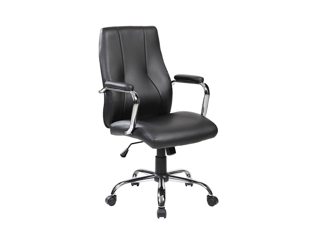 CADEIRA DE DIRECAO ROCADA PELE COM BRACOS BASE METALICA CROMADA DIAMETRO 700MM COSTAS 730MMX500MM