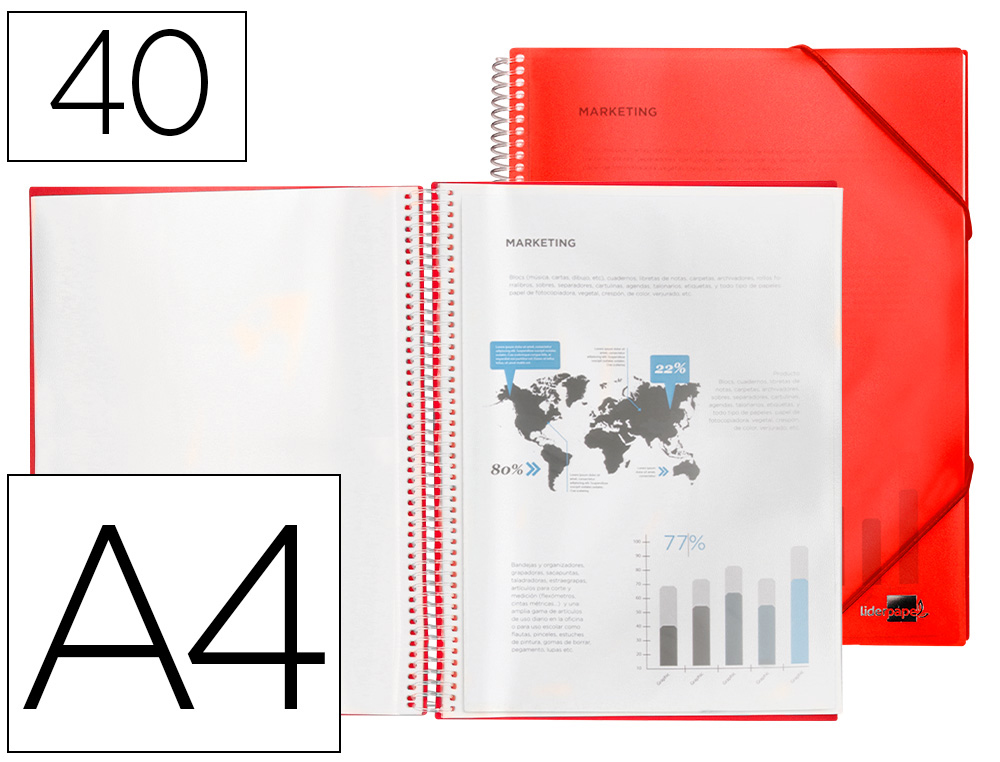 CAPA CATALOGO LIDERPAPEL COM ESPIRAL 40 BOLSAS POLIPROPILENO DIN A4 VERMELHO