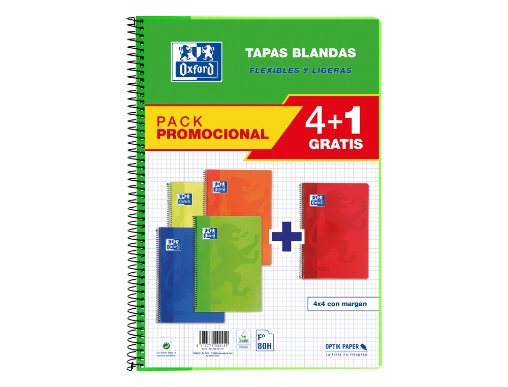 CADERNO ESPIRAL OXFORD CAPA FLEXIVEL OPTIK PAPER FOLIO 80 FOLHAS 90 GR QUADRICULA 4 MM PACK DE 4 +1
