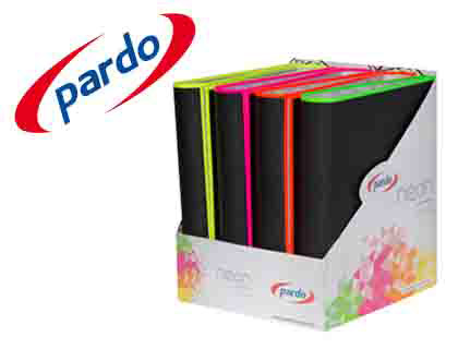 PASTA PARDO 4 ANEIS 40MM CARTAO FORRADO DIN A4 LOMBADA RECTO COM REBORDO EM NEON CORES SORTIDAS EXPOSITOR DE 8