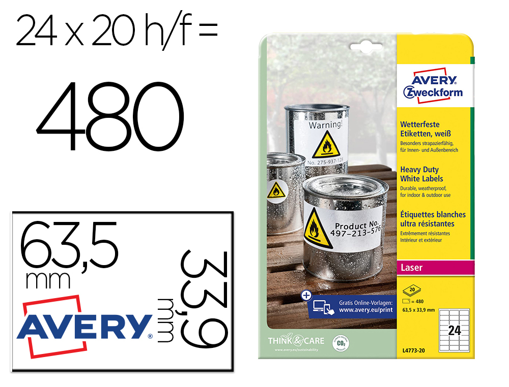 ETIQUETA ADESIVA AVERY POLIESTER BRANCO 63,5X33,9 MM PARA IMPRESSORA LASER PACK DE 480 UNIDADES