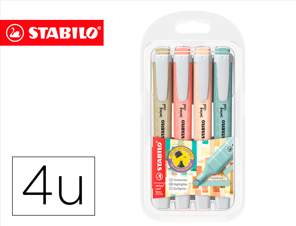 MARCADOR STABILO FLUORESCENTE SWING COOL NATURE COLORS ESTOJO DE 4 UNIDADES CORES SORTIDAS
