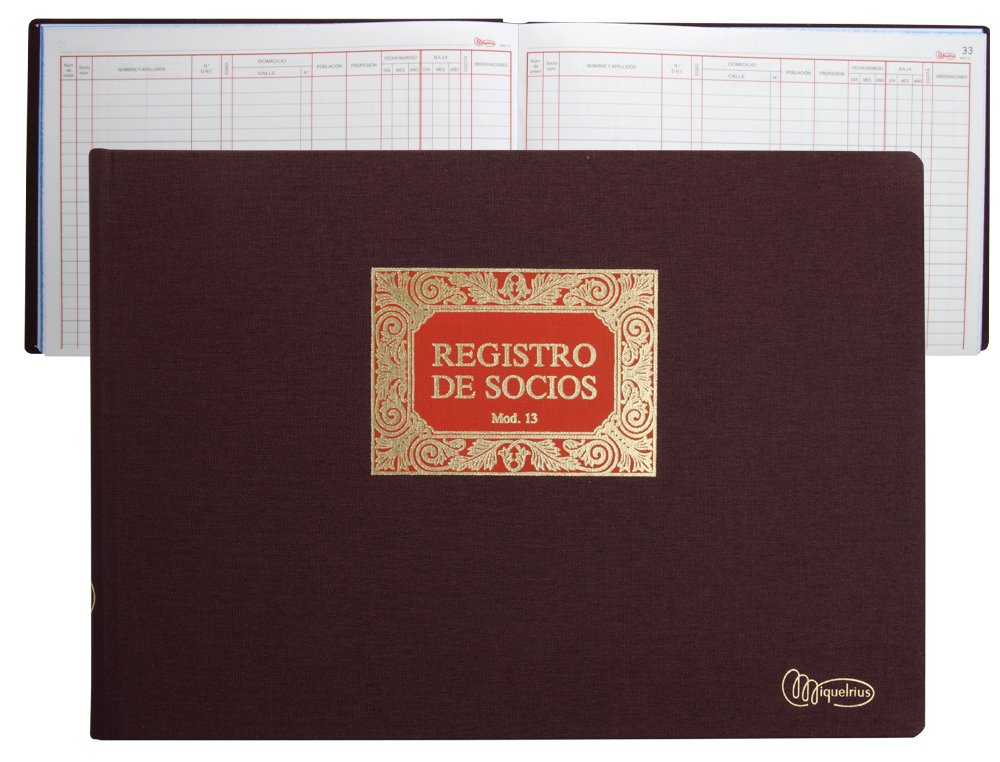 LIVRO MIQUELRIUS N 13 FOLIO AOBAIXO 100 FOLHAS -REGITRO DE SOCIOS (ESPANHOL)