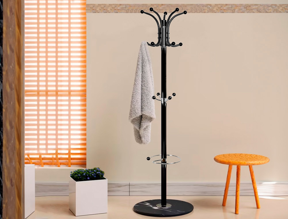 CABIDE Q-CONNECT METALICO PRETO DE PE 10 SUPORTES E PORTA GUARDA CHUVAS 174X40 CM