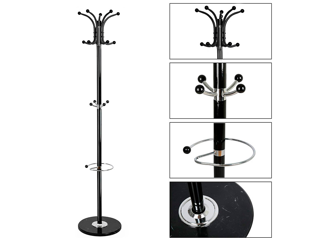 CABIDE Q-CONNECT METALICO PRETO DE PE 10 SUPORTES E PORTA GUARDA CHUVAS 174X40 CM