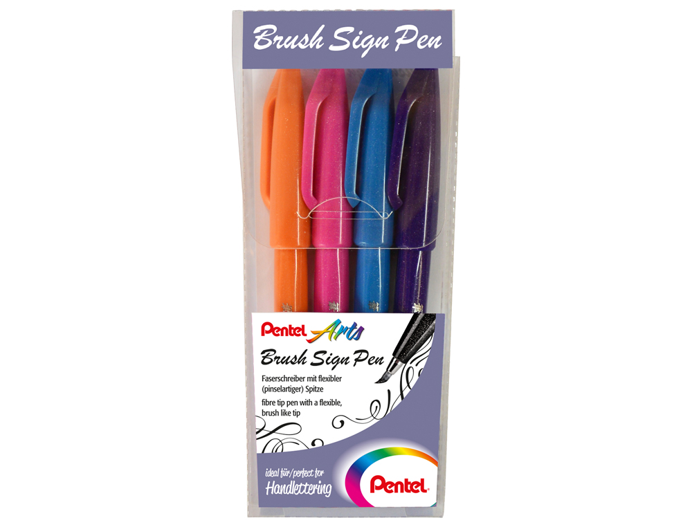 CANETA PINCEL PENTEL TOUCH EM BLISTER DE 4 CORES AZUL CEU, VIOLETA, LARANJA E ROSA