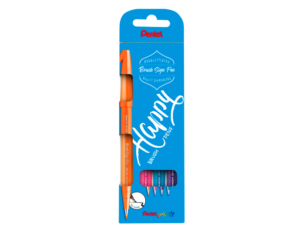 CANETA PINCEL PENTEL TOUCH EM BLISTER DE 4 CORES AZUL CEU, VIOLETA, LARANJA E ROSA