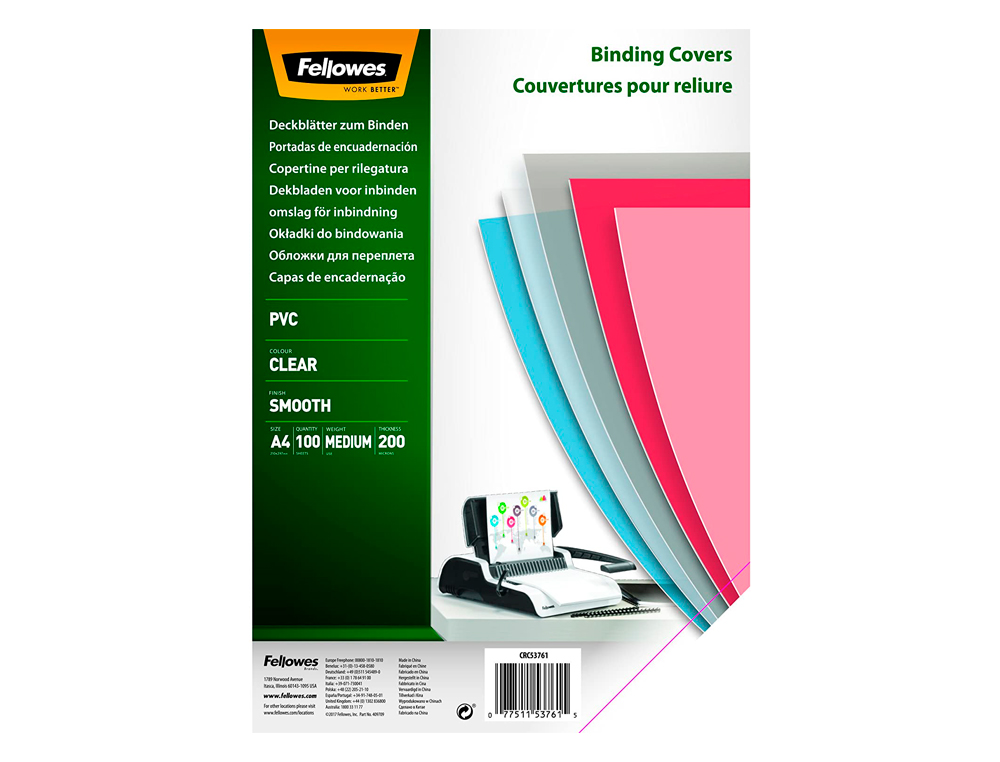 CAPA DE ENCADERNACAO FELLOWES PVC DIN A4 TRANSPARENTE 200 MICRONS PACK DE 100 UNIDADES