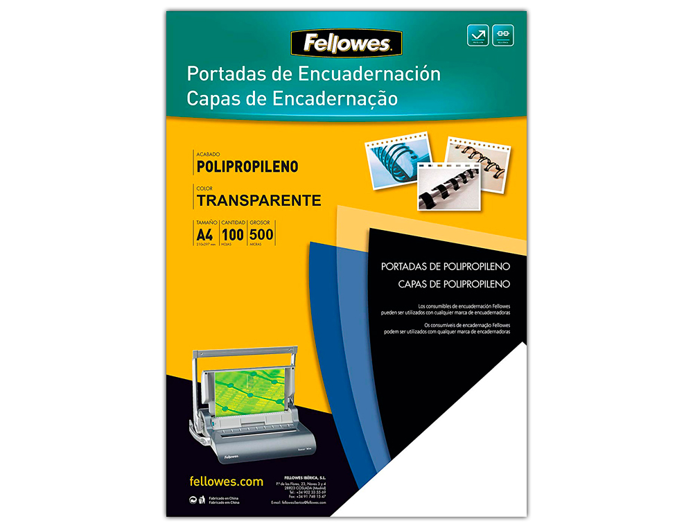 CAPA DE ENCADERNACAO FELLOWES POLIPROPILENO DIN A4 PRETA 450 MICRONS PACK DE 100 UNIDADES