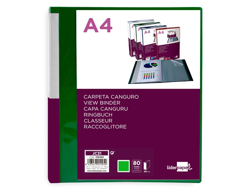 PASTA CANGURU LIDERPAPEL 80 BOLSAS POLIPROPILENO DIN A4 VERDE TRANSLUCIDO CAPA E LOMBADA PERSONALIZAVEL
