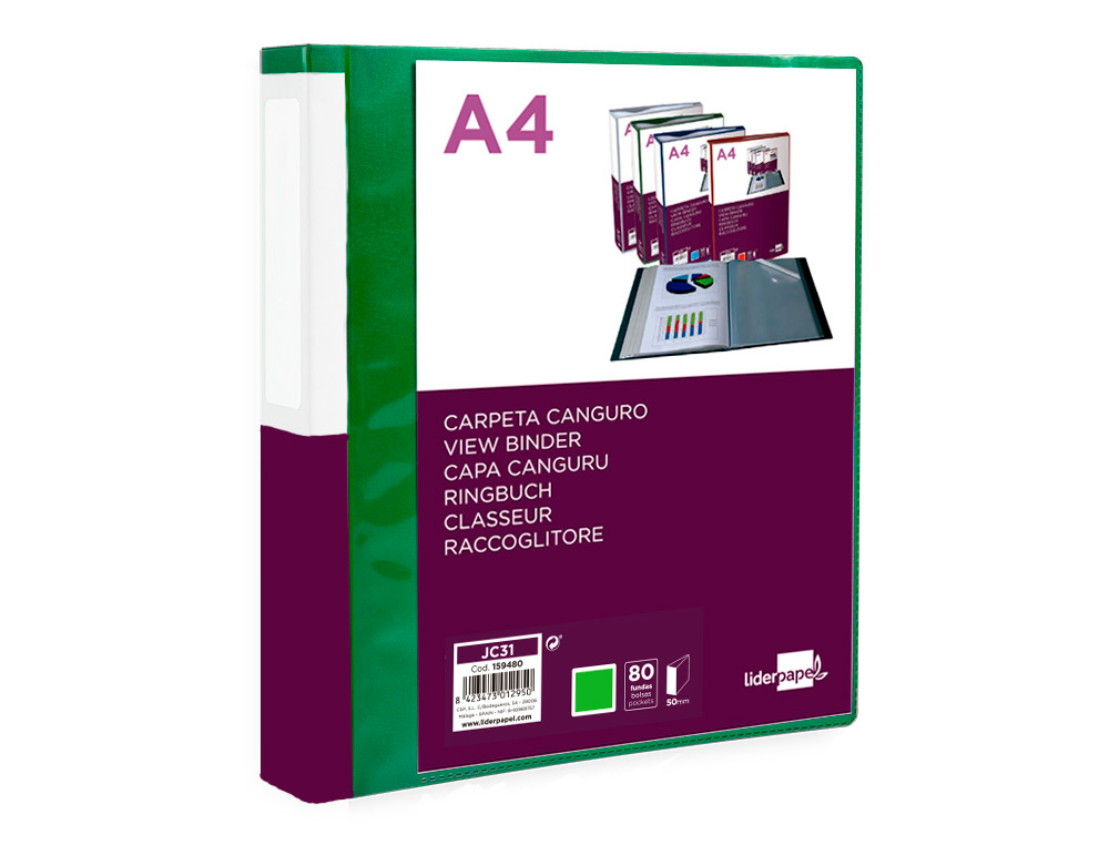 PASTA CANGURU LIDERPAPEL 80 BOLSAS POLIPROPILENO DIN A4 VERDE TRANSLUCIDO CAPA E LOMBADA PERSONALIZAVEL