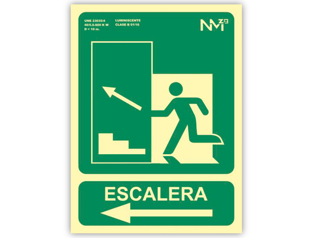 PICTOGRAMA ARCHIVO 2000 SAIDA EMERGENCIA ESCADA SUBIR ESQUERDA PVC VERDE LUMINISCENTE 224X300 MM