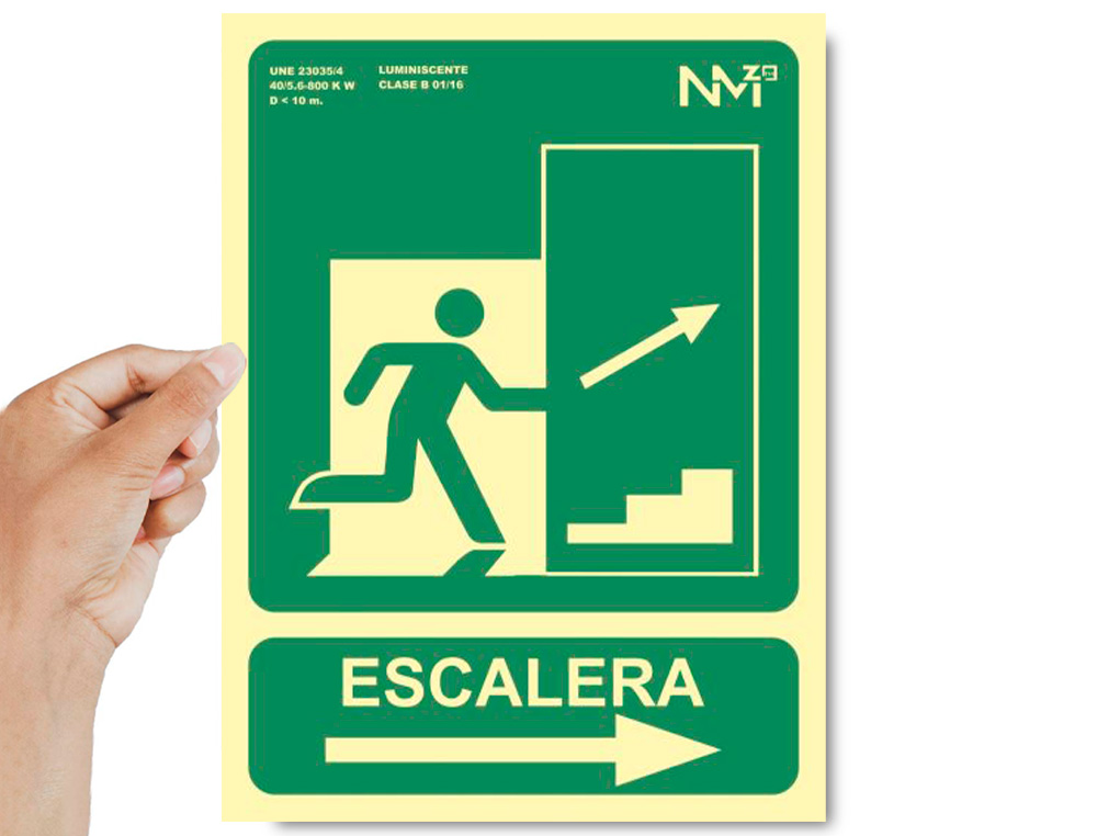 PICTOGRAMA ARCHIVO 2000 SAIDA EMERGENCIA ESCADA SUBIR DIREITA PVC VERDE LUMINISCENTE 224X300 MM