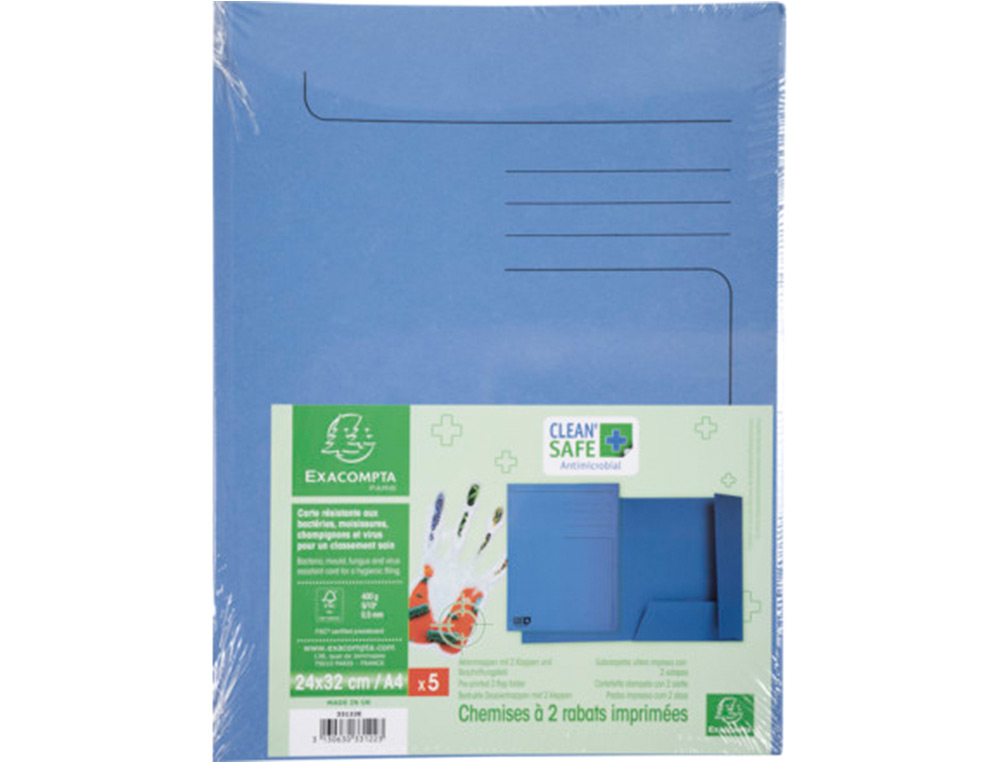 SUBPASTA CARTOLINA EXACOMPTA CLEAN SAFE DIN A4 CON 2 ABAS AZUL 400 GR PACK DE 5 UNIDADES