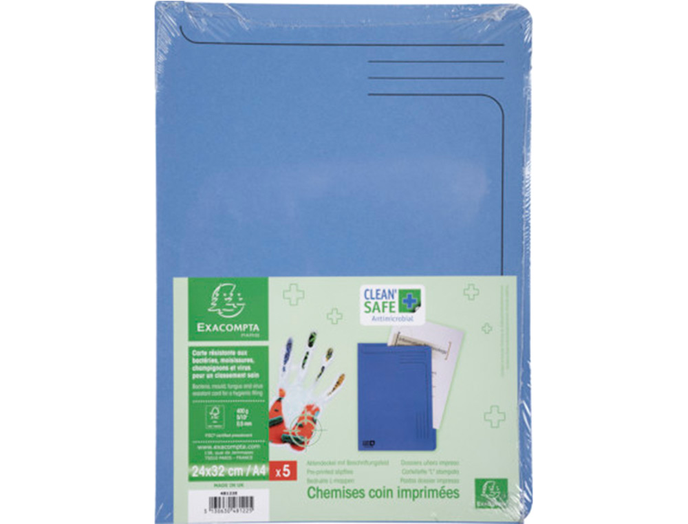 BOLSA DOSSIER EXACOMPTA CLEAN SAFE CARTOLINA 400 GR DIN A4 AZUL PACK DE 5 UNIDADES