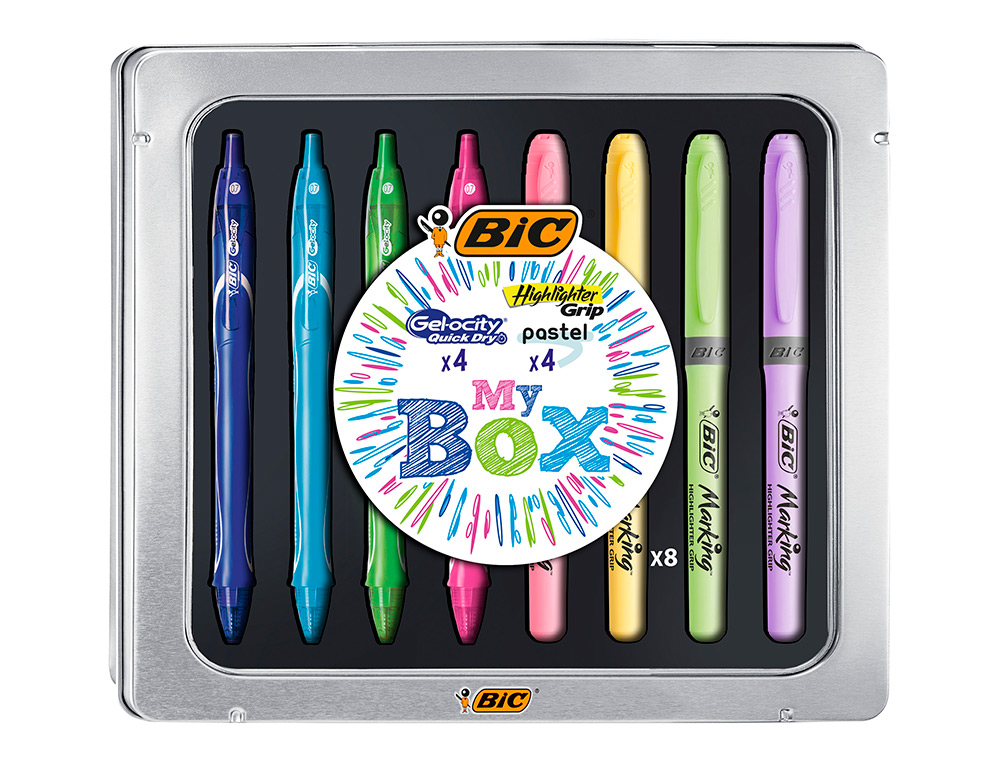 CAIXA METALICA BIC 4 GELOCITY QUICK DRY CORES SORTIDAS + 4 FLUOR GRIP CORES PASTEL SORTIDAS