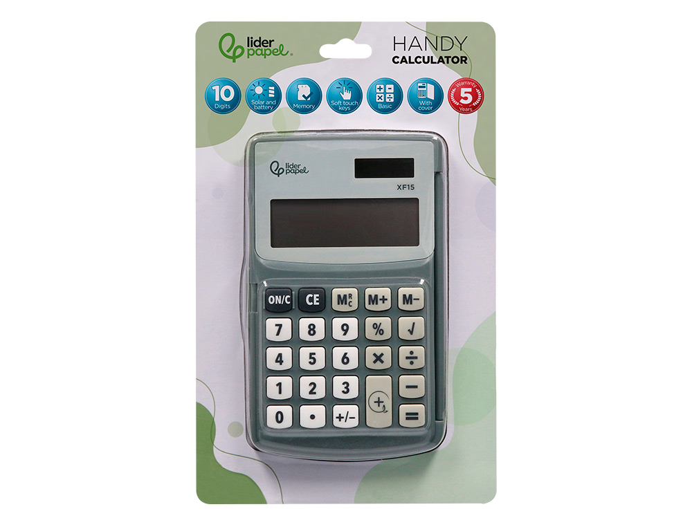 CALCULADORA LIDERPAPEL DE BOLSO XF15 10 DIGITOS COM CAPA SOLAR E PILHAS COR CINZA 123X75X12 MM
