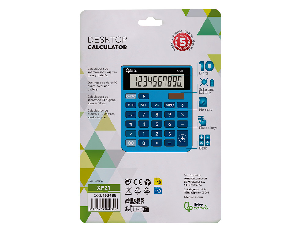 CALCULADORA LIDERPAPEL DE SECRETARIA XF21 10 DIGITOS SOLAR E PILHAS COR AZUL 127X105X24 MM