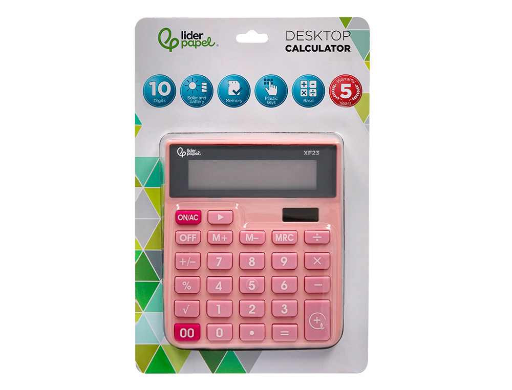 CALCULADORA LIDERPAPEL DE SECRETARIA XF23 10 DIGITOS SOLAR E PILHAS COR ROSA 127X105X24 MM