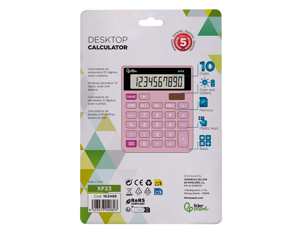 CALCULADORA LIDERPAPEL DE SECRETARIA XF23 10 DIGITOS SOLAR E PILHAS COR ROSA 127X105X24 MM