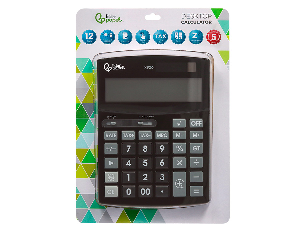 CALCULADORA LIDERPAPEL DE SECRETARIA XF30 12 DIGITOS TAXAS SOLAR E PILHAS COR PRETO 190X140X25 MM