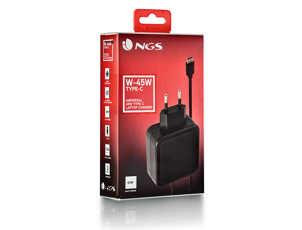 CARREGADOR UNIVERSAL NGS DE PAREDE PARA PORTATIL 45W TIPO C 5V/9V/12V/15V-3A 20V/2,25A