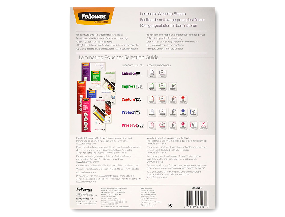 FOLHA DE LIMPEZA FELLOWES PARA PLASTIFICADORA PACK DE 10 UNIDADES