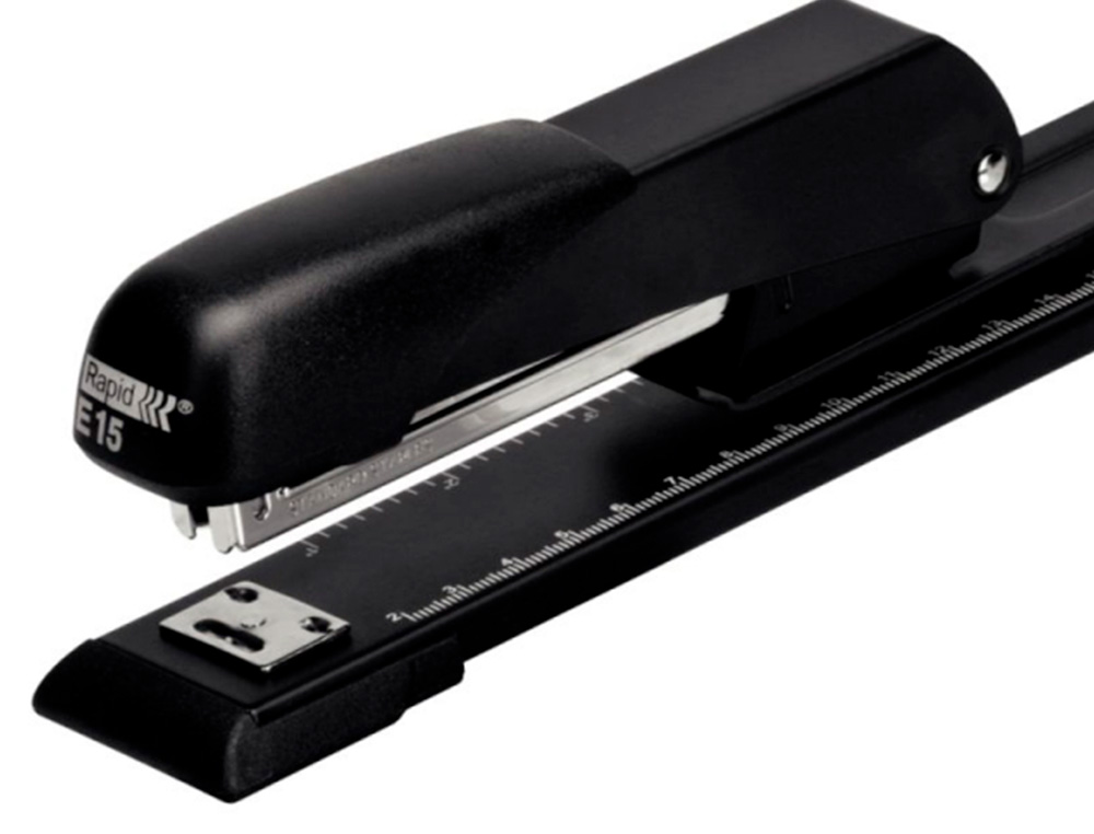 AGRAFADOR RAPID E15 METALICO BRACO LARGO CAPACIDADE 20 FOLHAS USA AGRAFES 24/6 E 26/26 COR PRETO