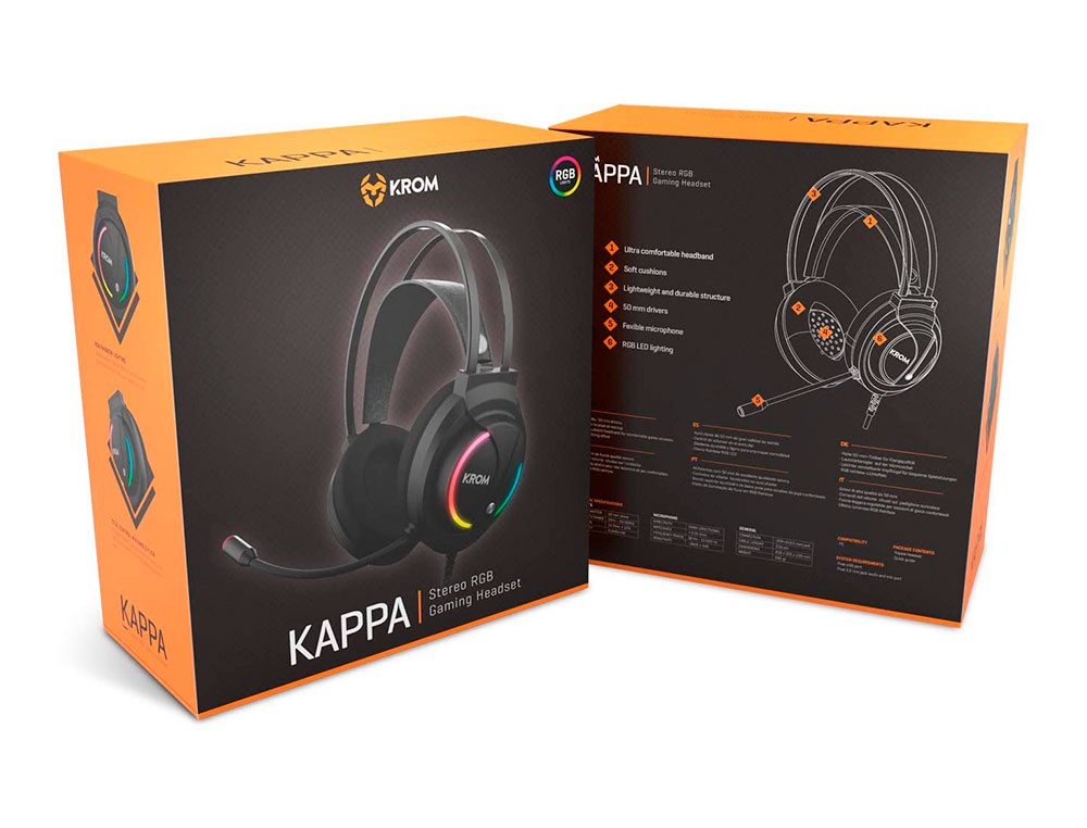 AURICULAR KROM KAPPA GAMING STEREO COM MICROFONE FLEXIVEL ILUMINACAO LED RGB ARCO-IRIS COMPRIMENTO CABO 210 CM