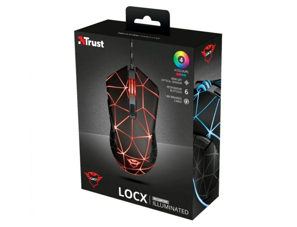 RATO TRUST GXT133 LOCX GAMING OTICO LUZES LED 800-4000 PPP 6 BOTOES USB 2.0 CABO 1,80 M COR PRETO