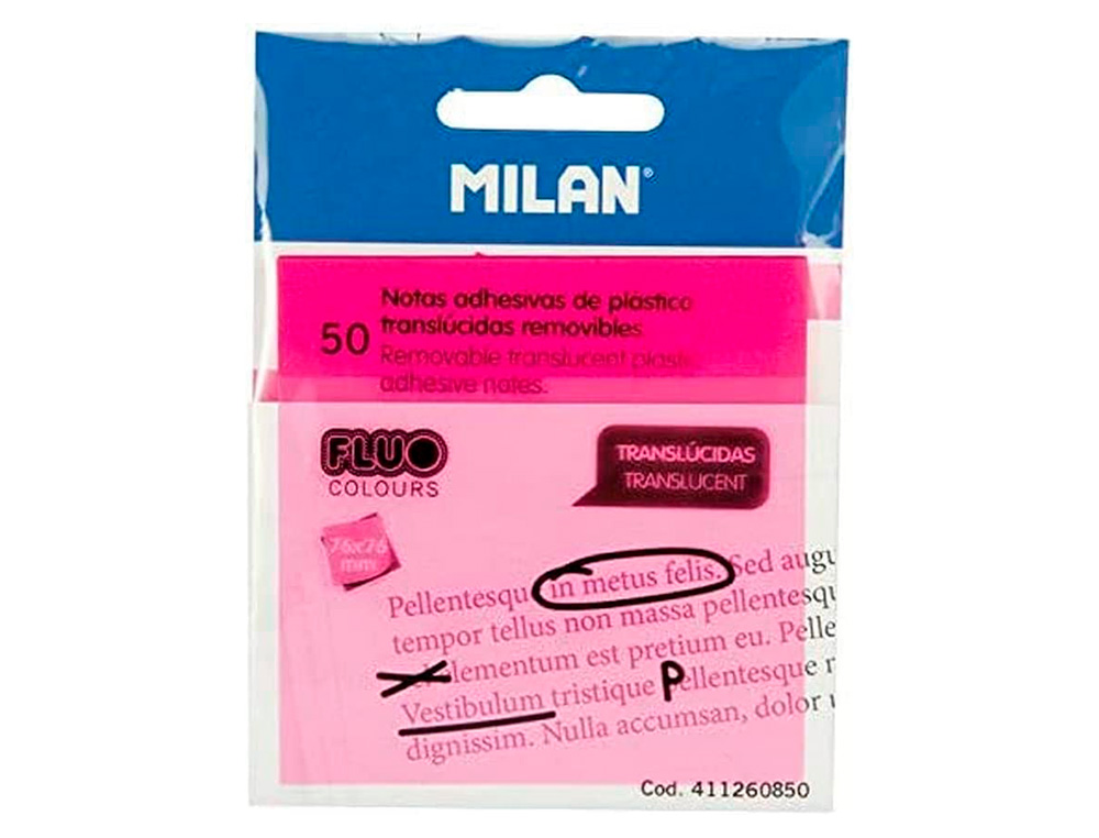 BLOCO DE NOTAS ADESIVAS MILAN 76X76 MM REMOVIVEL PLASTICO TRANSLUCIDO ROSA FLUOR 50 FOLHAS